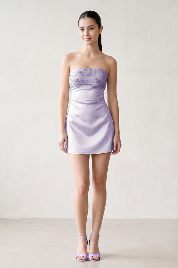 Lavender Strapless Appliqued Satin Sheath Homecoming Dress (3) | KISSPROM