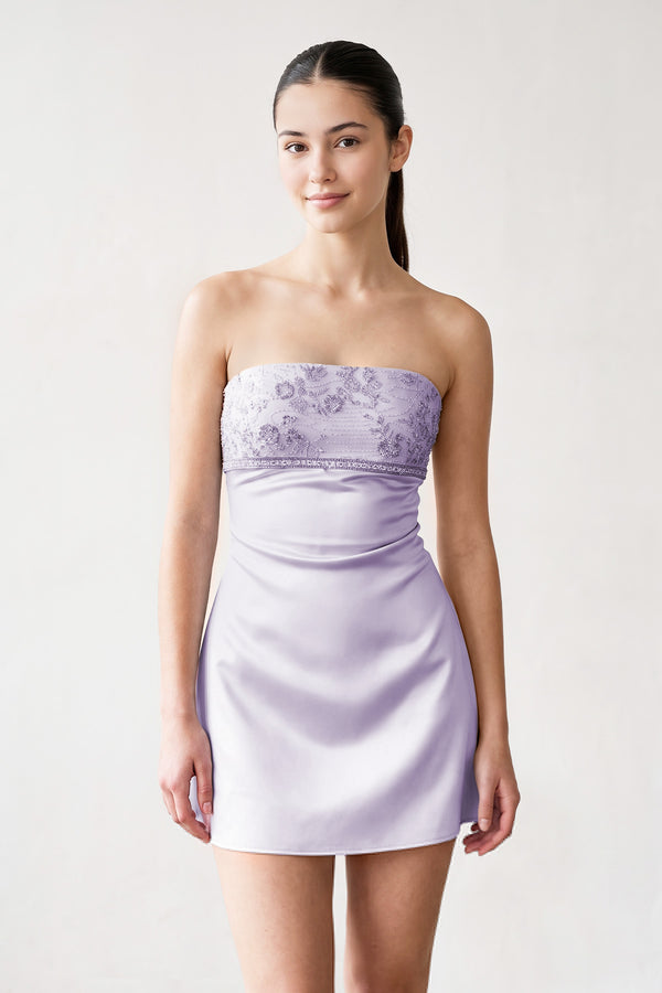 Lavender Strapless Appliqued Satin Sheath Homecoming Dress | KISSPROM
