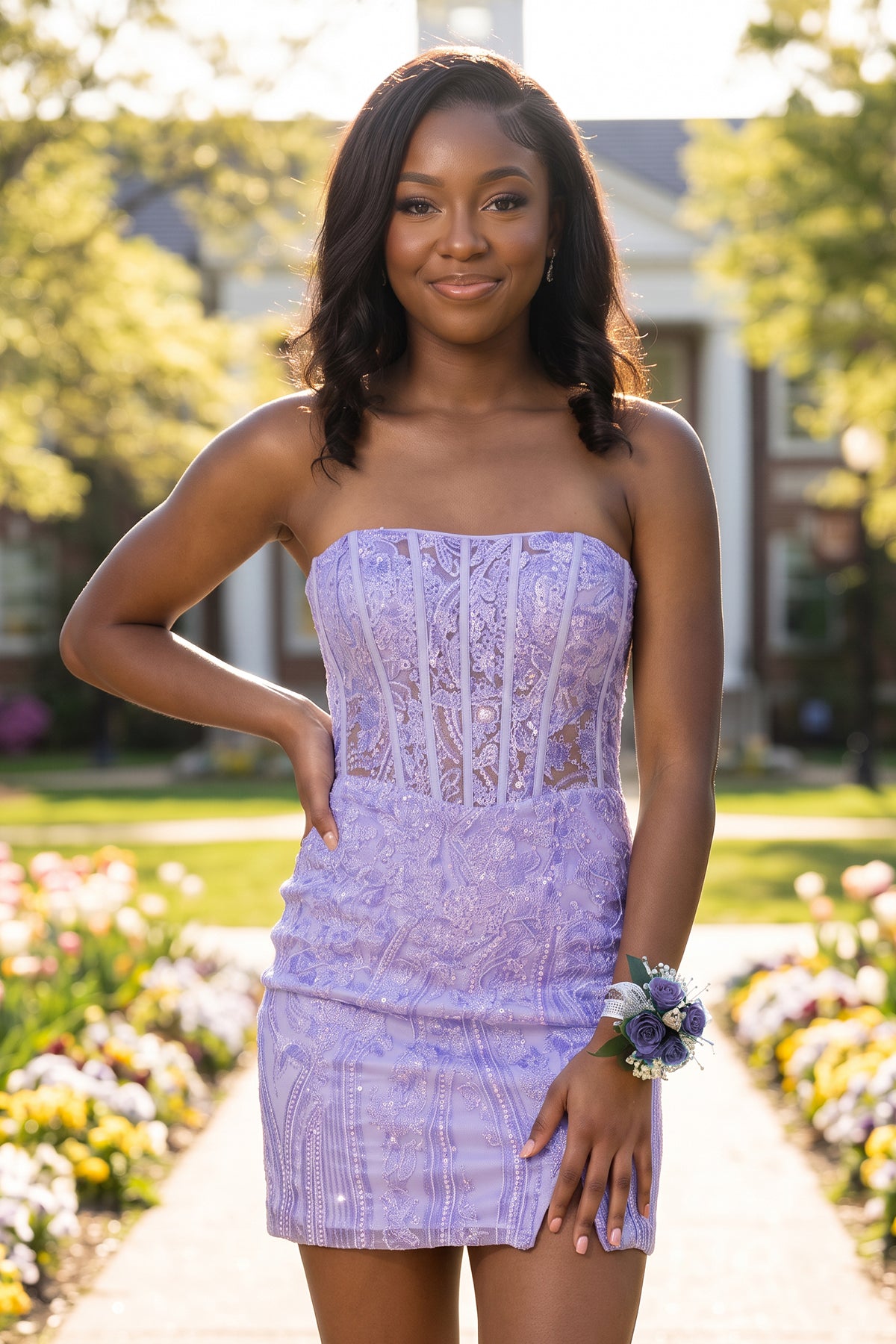 KissProm Turquoise Strapless Bodycon Appliqued Mini Homecoming Dresses With Slit, Lavender / 4