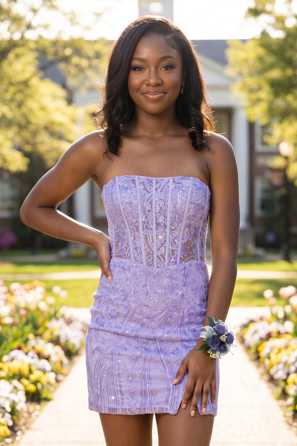 Lavender Strapless Bodycon Appliqued Mini Homecoming Dresses With Slit | KISSPROM