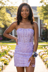 Lavender Strapless Bodycon Appliqued Mini Party Dress With Slit | KISSPROM