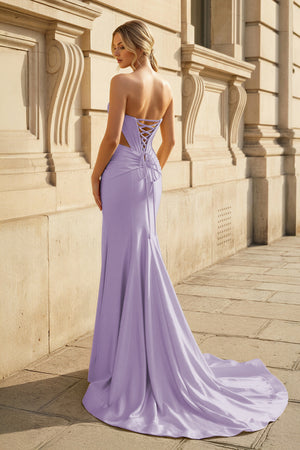 KissProm-Lavender Sweetheart Mermaid Satin Beaded Long Prom Dresses With Slit