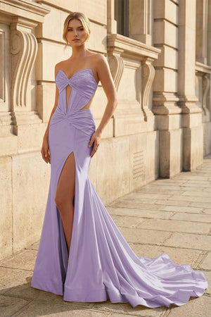 KissProm-Lavender Sweetheart Mermaid Satin Beaded Long Prom Dresses With Slit
