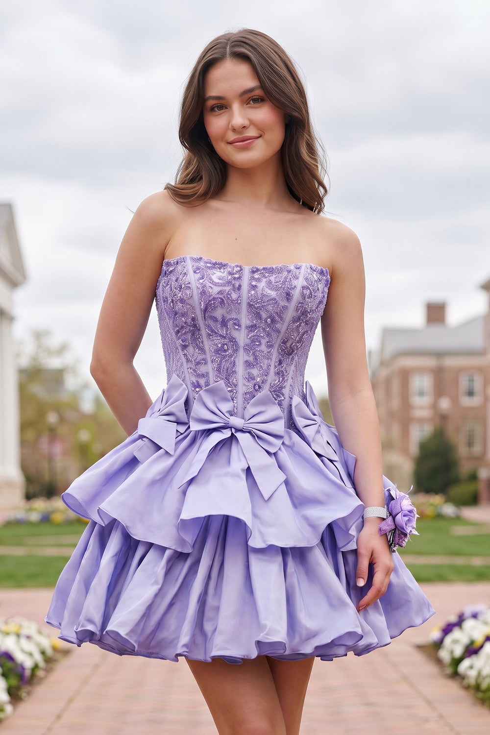 Lavender Strapless Sequins A-Line Homecoming Dress With Bow | KISSPROM