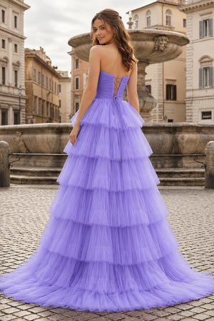 A-Line Strapless Tiered Tulle Prom Dress with Ruffles - KissProm