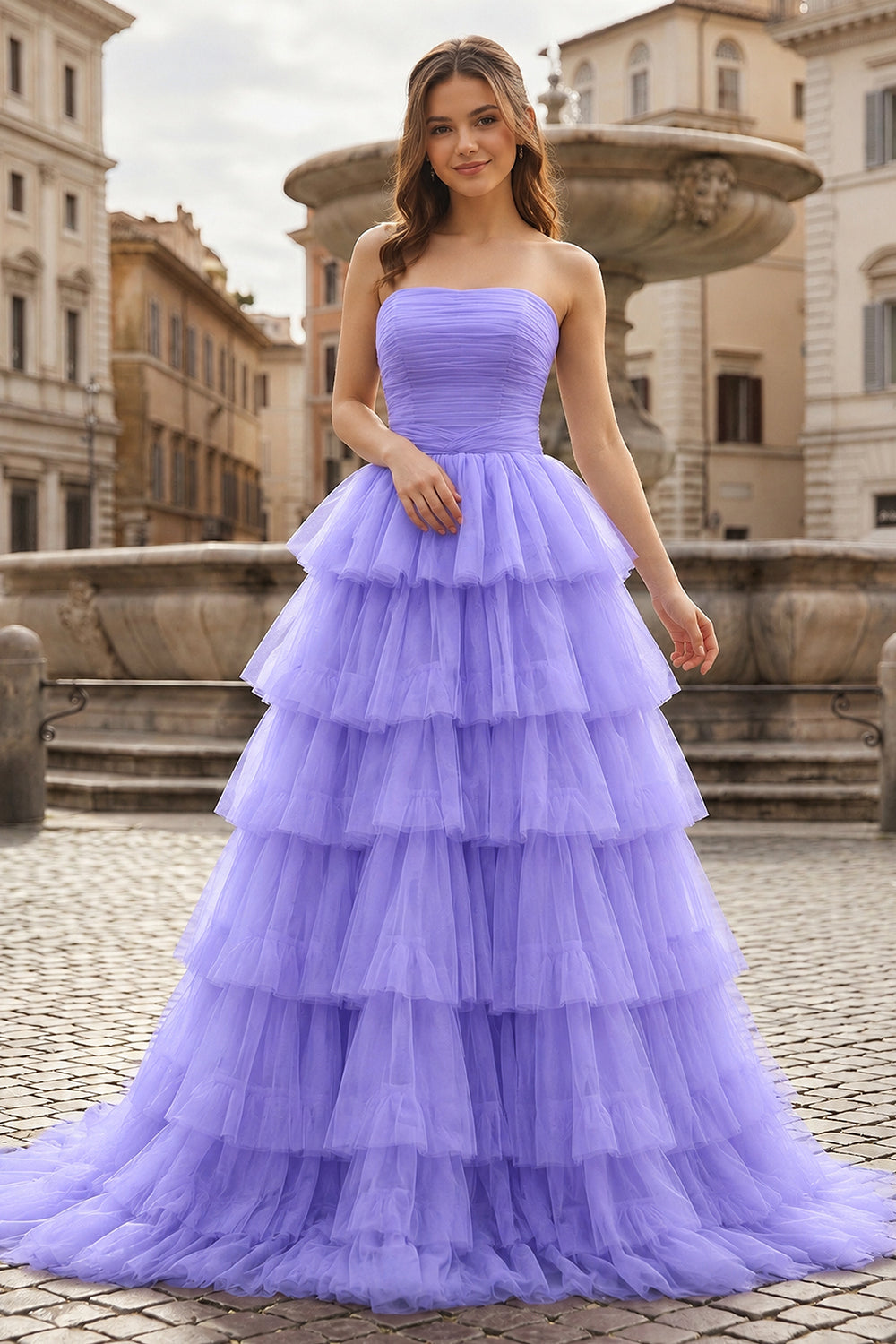 A-Line Strapless Tiered Tulle Prom Dress with Ruffles - KissProm