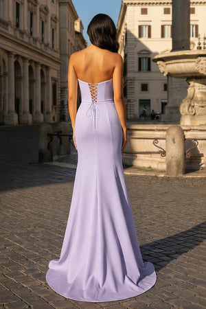 Lavender Sweetheart V Neck Long Prom Dress With Slit - KissProm