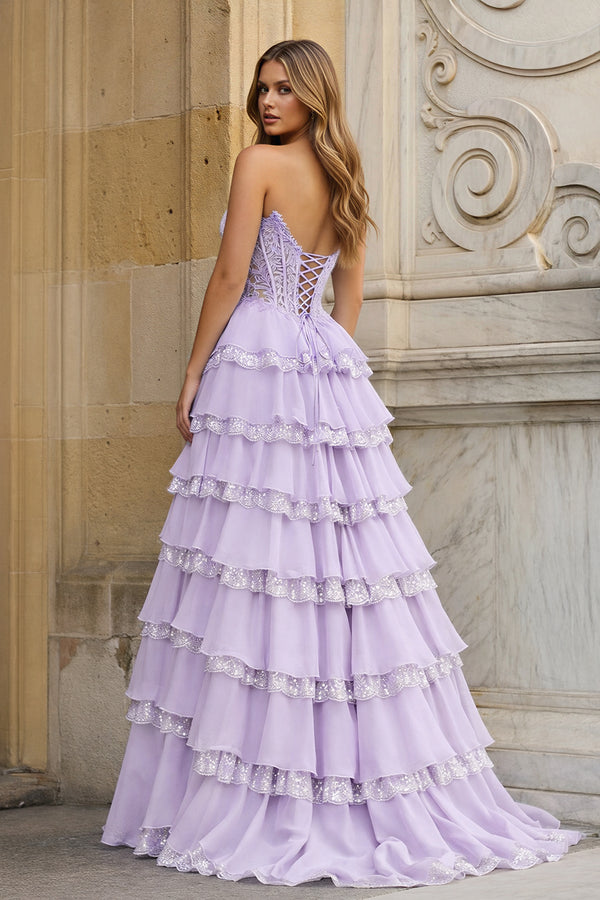 KissProm-Lavender Sweetheart A Line Sequined Lace Ruffled Long Prom Dresses With Appliques