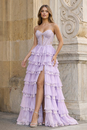 KissProm-Lavender Sweetheart A Line Sequined Lace Ruffled Long Prom Dresses With Appliques