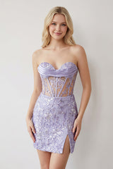 Lavender Sweetheart Corset Appliqued Homecoming Dress with Slit | KISSPROM