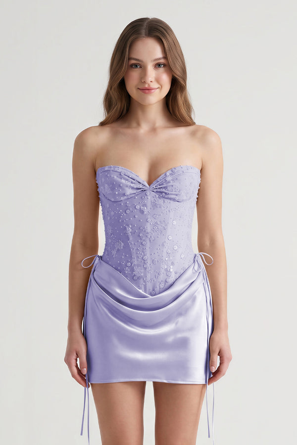 Lavender Sweetheart Sheath Corset Ruched Satin Homecoming Dress with Beading (3) | KISSPROM