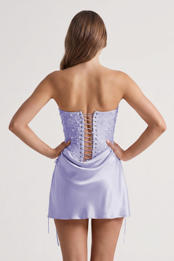 Lavender Sweetheart Sheath Corset Ruched Satin Homecoming Dress with Beading (4) | KISSPROM