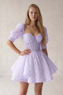 Lavender Sweetheart White Sequin Short Homecoming Dress With Puff Sleeves | KISSPROM