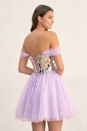 Lavender Temmie | Off-the-Shoulder Short Party Dress with Cut Glass Mirrors (2) | KISSPROM