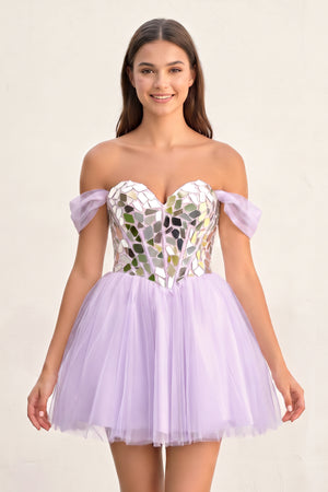 Lavender Temmie | Off-the-Shoulder Short Party Dress with Cut Glass Mirrors | KISSPROM