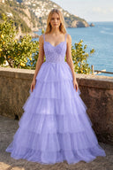 Tiered Ruffle Appliques Corset Long Prom Dress with Spaghetti Straps - KissProm