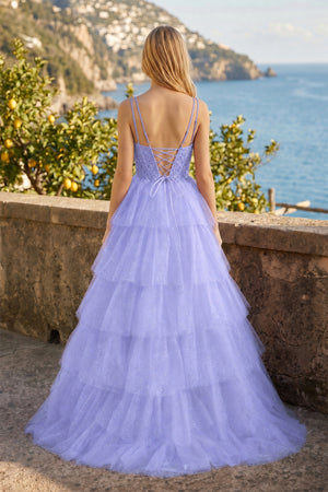 Tiered Ruffle Appliques Corset Long Prom Dress with Spaghetti Straps - KissProm