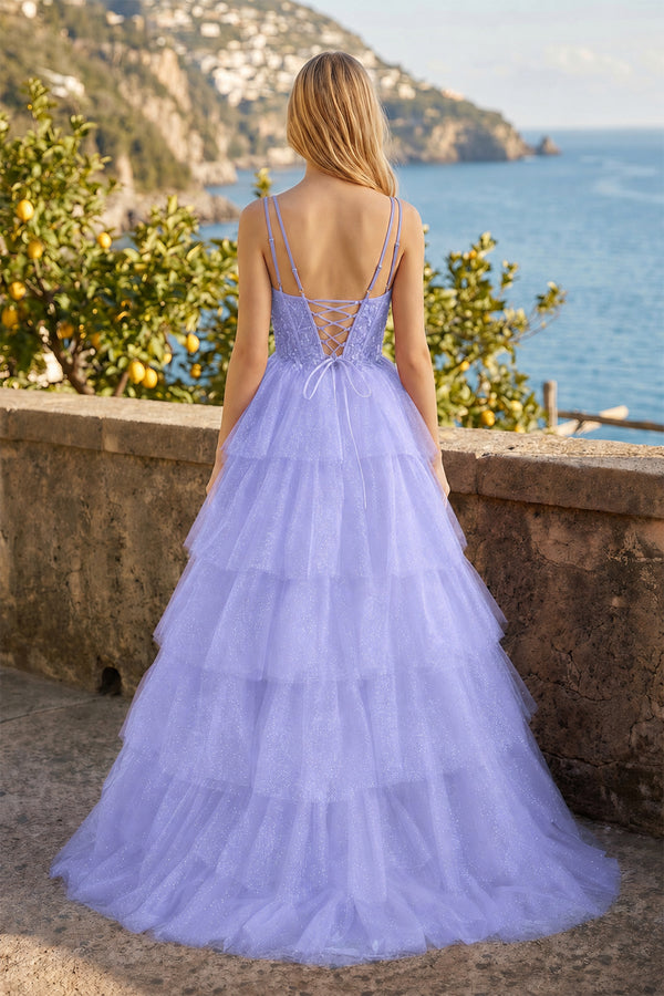Tiered Ruffle Appliques Corset Long Prom Dress with Spaghetti Straps - KissProm