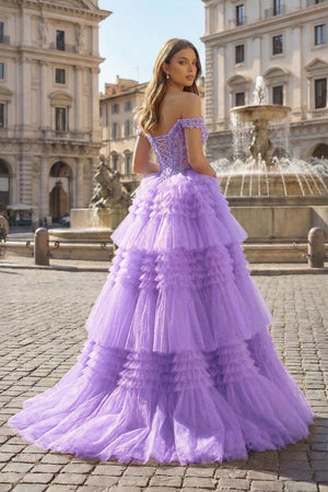 Red Tulle Off-the-Shoulder Ruffle Tiered Long Prom Dress - KISSPROM PROM DRESSES