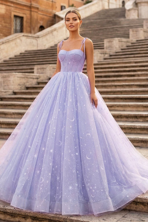 Lavender Tulle Straps Floor Length Evening Dress, Lavender A - Line Prom Dress - KissProm