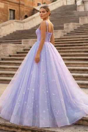 Lavender Tulle Straps Floor Length Evening Dress, Lavender A - Line Prom Dress - KissProm