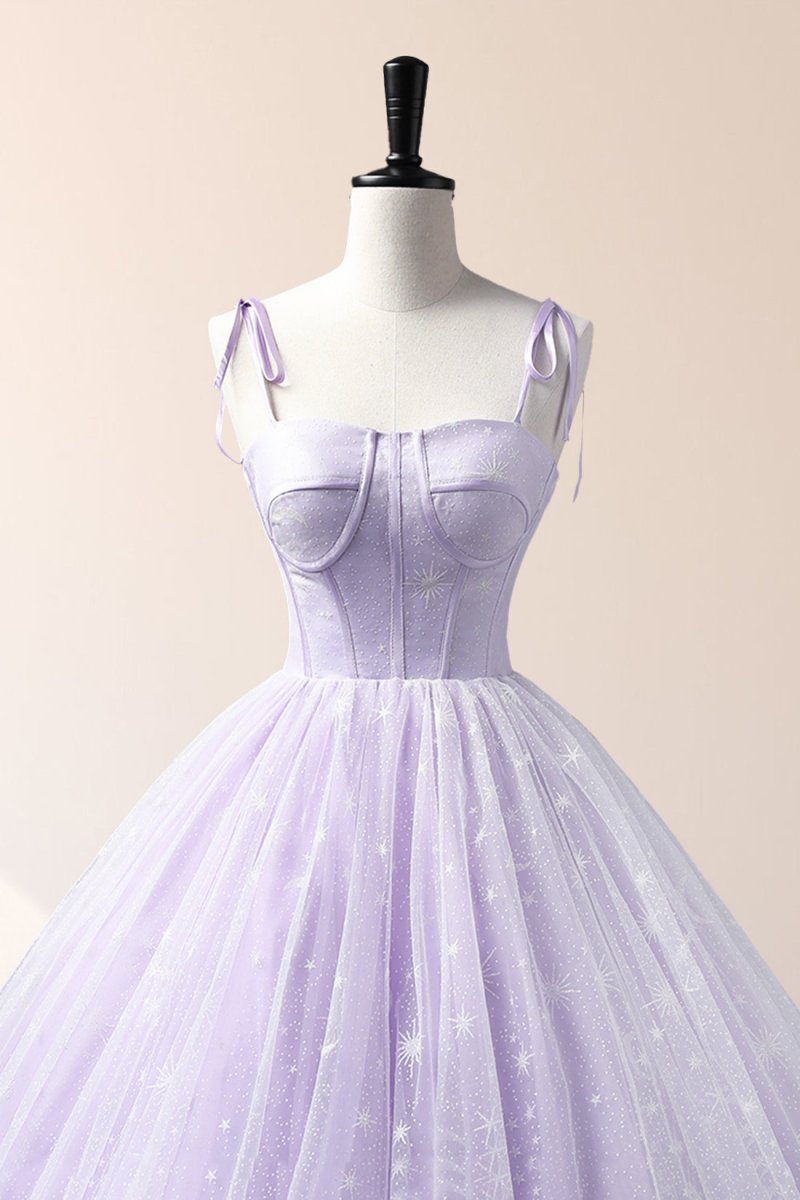 Janelle | Lavender Tulle Straps Floor Length Evening Dress, Lavender A - Line Prom Dress - KissProm