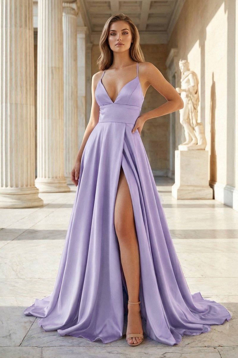KissProm Pink Spaghetti Straps Satin Backless A Line Prom Dress With Pockets, Lavender / 4