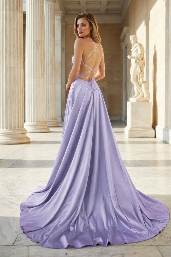 Pink Spaghetti Straps Satin Backless A Line Prom Dress With Pockets
