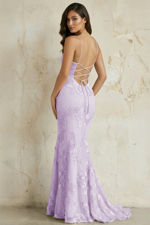 KissProm-Lavender Spaghetti Straps Mermaid Tulle Long Prom Dresses With Appliques