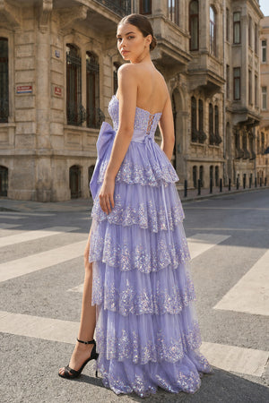 A-Line Sweetheart Sequin Ruffles Long Prom Dresses with Bow - KissProm