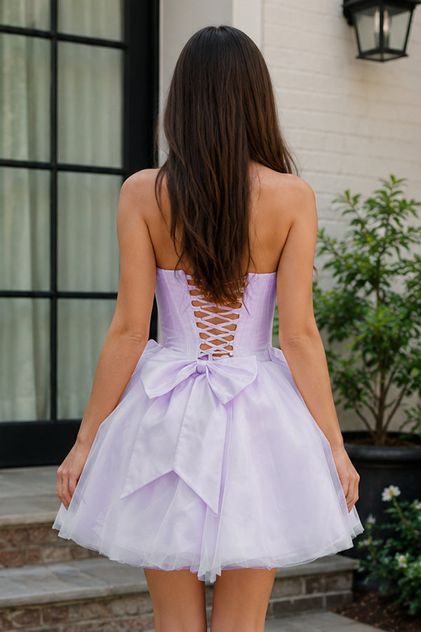 Pink Strapless Tulle A-Line Short Corset Homecoming Dress with Bow - KissProm
