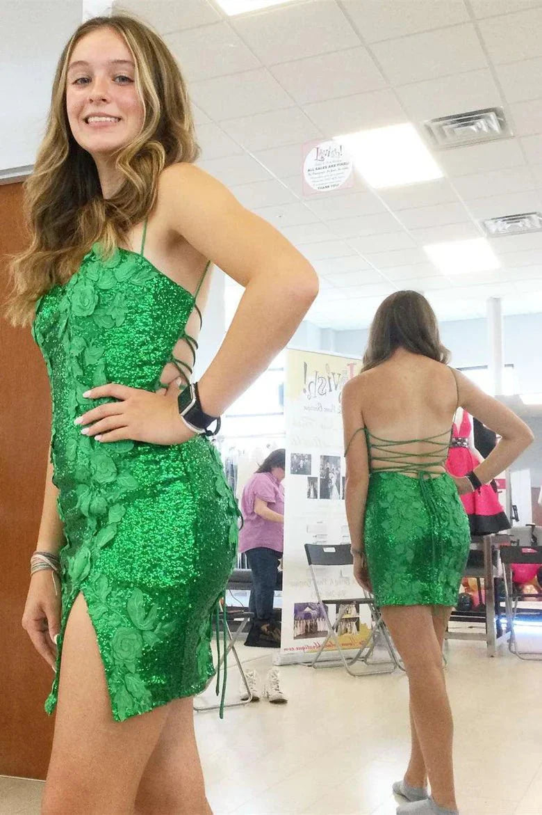 Sky Blue Sheath Sequin Open Back Mini Party Dresses with 3D Flowers, Green / 00 Sky Blue Sheath Sequin Open Back Mini Party Dresses with 3D Flowers, Green / 00