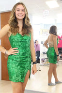 Emilia |Sheath Sequin Open Back Homecoming Dress with 3D Flowers