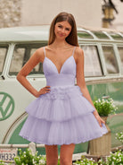 Layla | A-Line Deep V Neck Tiered Short Homecoming Dress