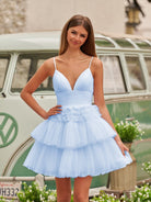 Layla | A-Line Deep V Neck Tiered Short Homecoming Dress