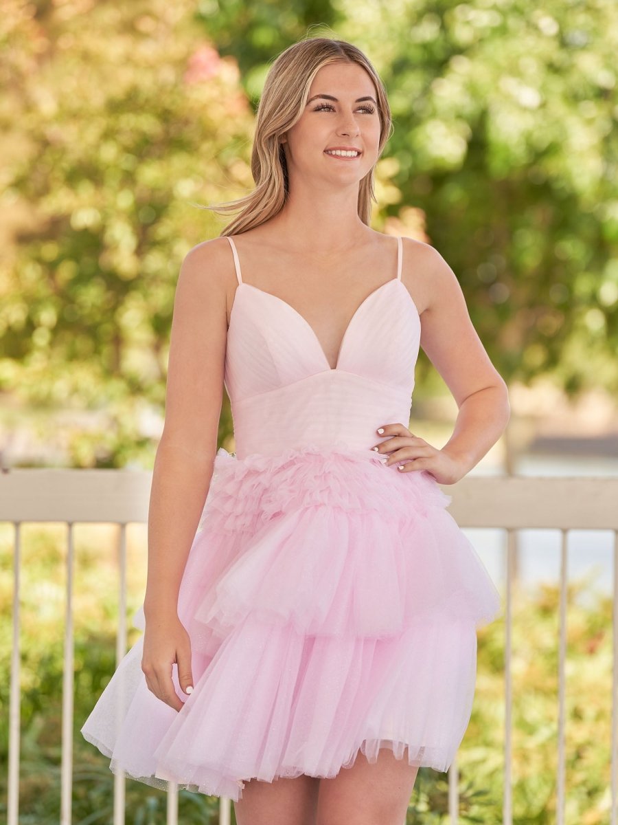 A-Line Deep V Neck Tiered Short Homecoming Dress