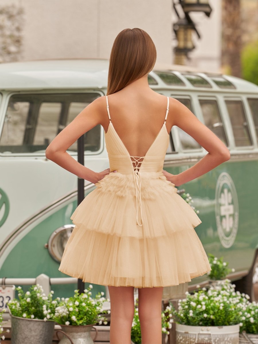 Layla | A-Line Deep V Neck Tiered Short Homecoming Dress