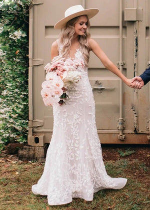 Leaf Lace Appliques Mermaid V-Neck Backless Long Women Wedding Bridal Dresses Diamond White / 8