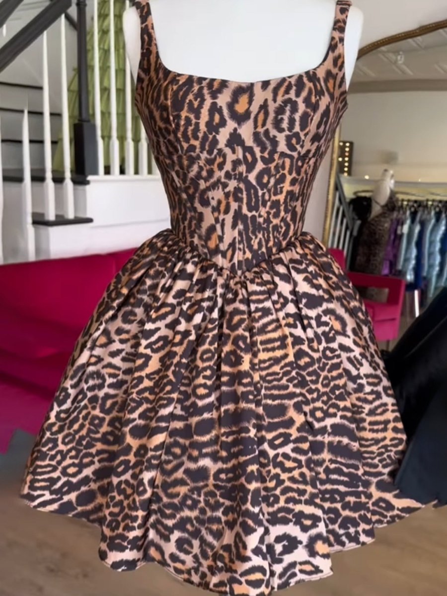 Leander | Leopard - Square Neck A Line Print Short Homecoming Dress