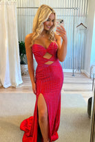 Leeta | Fuchsia - Strapless Mermaid Satin Beaded Long Formal Prom Dresses With Cutout - KissProm