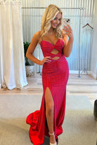 Leeta | Red - Strapless Mermaid Satin Beaded Long Formal Prom Dresses With Cutout - KissProm