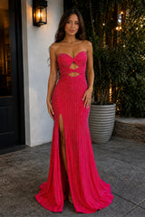 Red - Strapless Mermaid Satin Beaded Long Formal Prom Dresses With Cutout