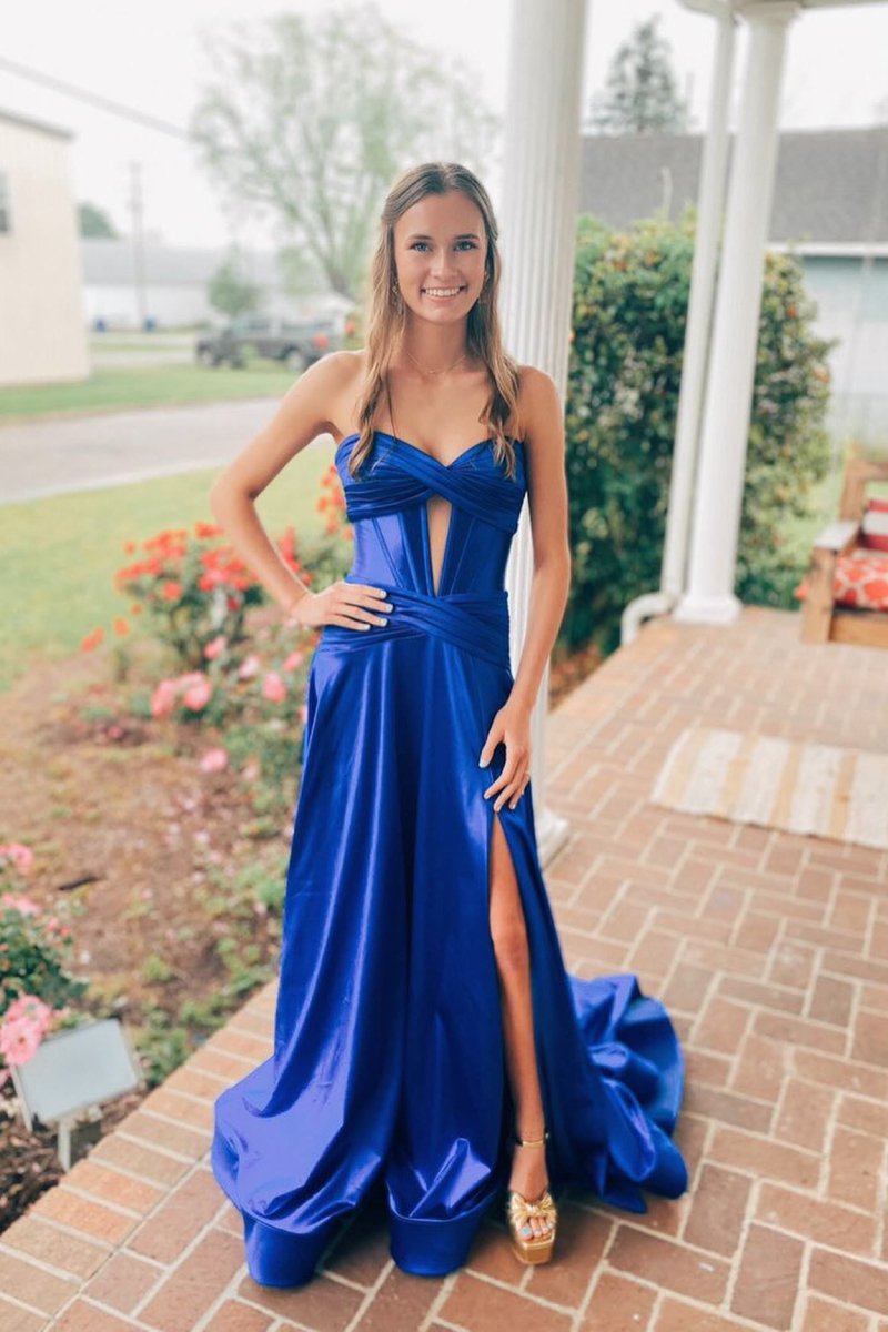 A Line Sweetheart Royal Blue Keyhole Long Prom Dress Burgundy / 14