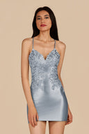 Sage - V Neck Bodycon Satin Sequins Homecoming Dresses With Appliques - KissProm