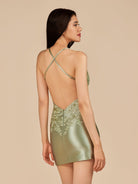 Leirae | Sage - V Neck Bodycon Satin Sequins Homecoming Dresses With Appliques