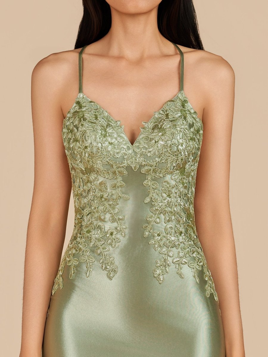 Leirae | Sage - V Neck Bodycon Satin Sequins Homecoming Dresses With Appliques
