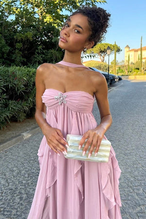 Leith | Pink - Strapless A Line Chiffon Pleated Long Prom Dresses With Ruffles - KissProm