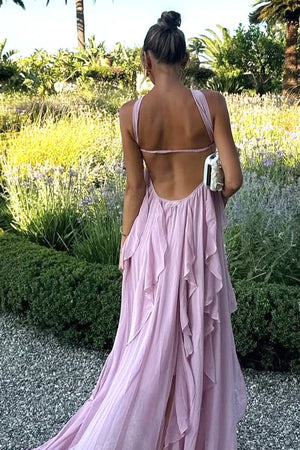 Leith | Pink - Strapless A Line Chiffon Pleated Long Prom Dresses With Ruffles - KissProm