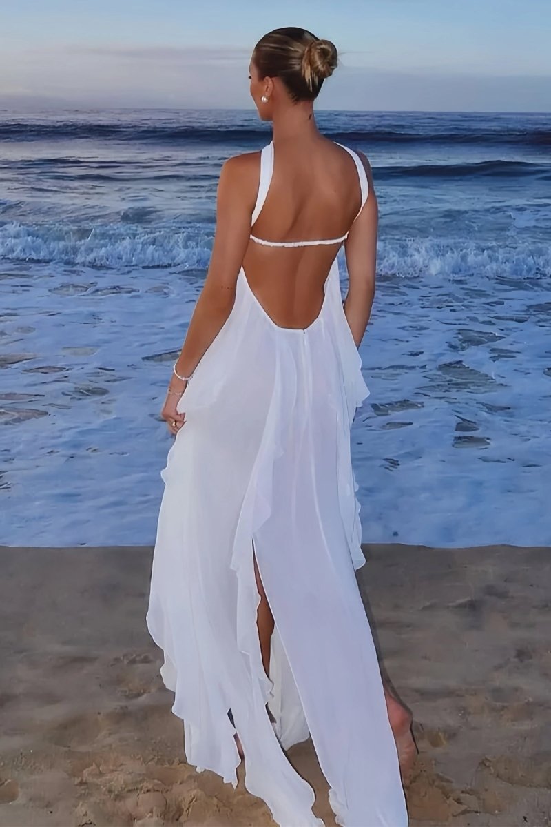 Leith | White - Strapless A Line Chiffon Pleated Long Prom Dresses With Ruffles - KissProm