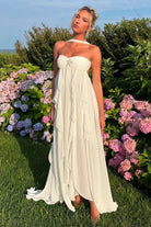 Leith | White - Strapless A Line Chiffon Pleated Long Prom Dresses With Ruffles - KissProm